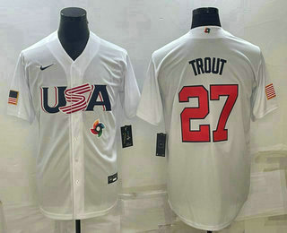 Men%27s USA Baseball #27 Mike Trout 2023 White World Baseball Classic Replica Stitched Jersey